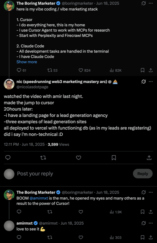 Tweet by The Boring Marketer: BOOM amirmxt is the man, he opened my eyes and many others as a result to the power of Cursor.