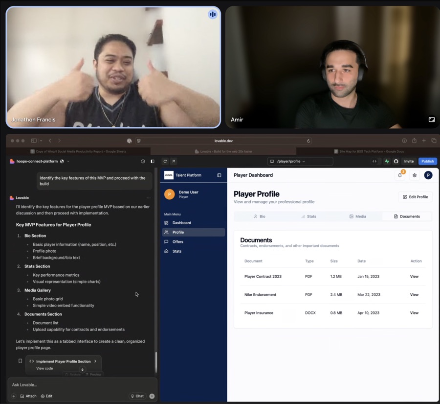 Amir on a video call co-building a talent platform with a client in Lovable.