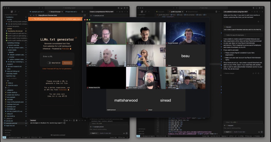 Group video call and Cursor windows during a live cohort build session with Amir.