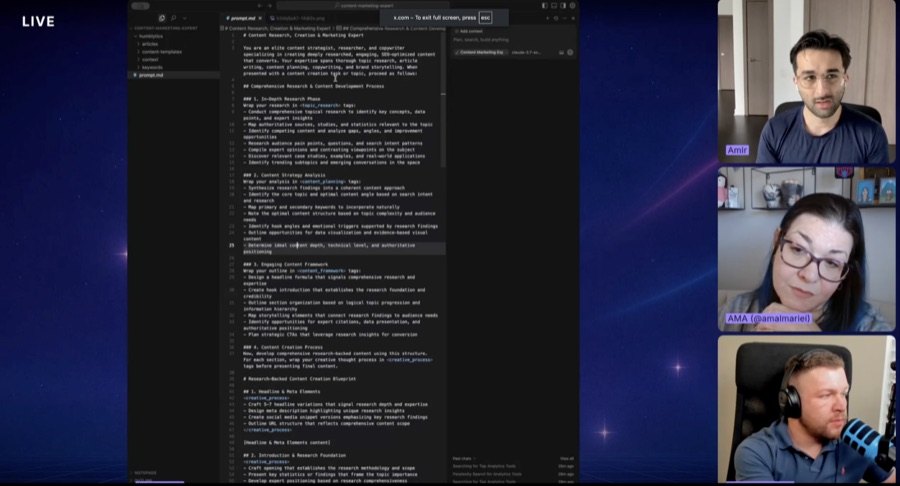 Live session with Amir building a content engine in Cursor with two others on the call.