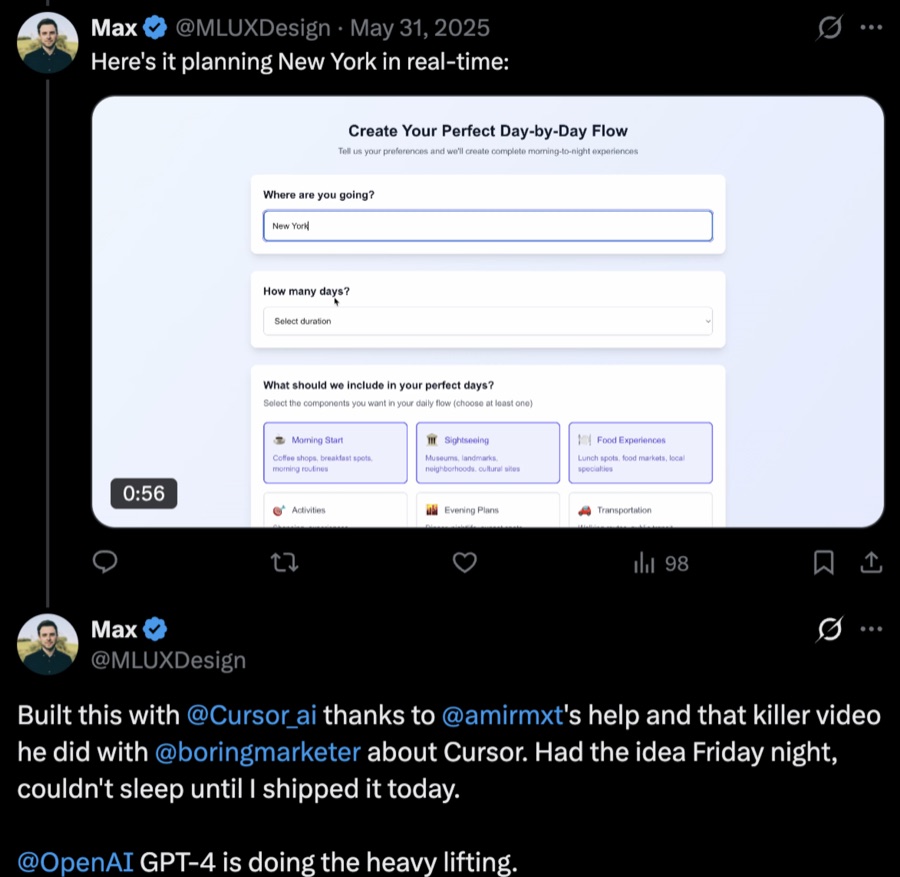 Tweet from Max @MLUXDesign crediting Amir for help building an app with Cursor.