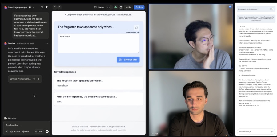 Amir on a call co-building a creative prompt generator in Lovable.